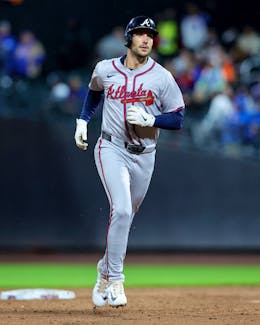 May 10, 2024; New York City, New York, USA; Atlanta Braves first baseman Matt Olson (28) rounds the bases after hitting a two run home run against the New York Mets during the third inning at Citi Field. Mandatory Credit: Brad Penner-USA TODAY Sports