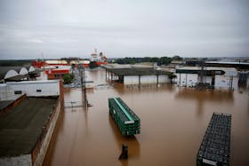 A view shows gas cylinder deposit in a flooded area in Porto Alegre, Rio Grande do Sul state, Brazil May 12, 2024.
