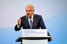 Carsten Spohr, CEO of Lufthansa, delivers a speech at the third national aviation conference at Lufthansa Technik, in Hamburg, Germany, September 25, 2023.