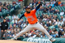 May 11, 2024; Detroit, Michigan, USA; Houston Astros pitcher Cristian Javier (53) throws against the Detroit Tigers during the first inning at Comerica Park. Mandatory Credit: Brian Bradshaw Sevald-USA TODAY Sports
