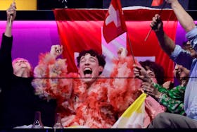 Nemo representing Switzerland reacts after receiving points during the Grand Final of the 2024 Eurovision Song Contest, in Malmo, Sweden, May 12, 2024.