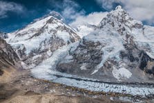 A drone view shows Mount Everest along with Khumbu Glacier and base camp in Nepal, April 30, 2024. Seven Summit Treks/Handout via