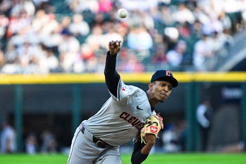 May 11, 2024; Chicago, Illinois, USA; Cleveland Guardians pitcher Triston McKenzie (24) delivers against the Chicago White Sox during the first inning at Guaranteed Rate Field. Mandatory Credit: Matt Marton-USA TODAY Sports