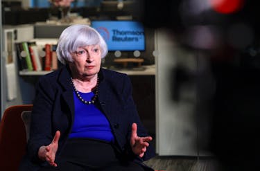 U.S. Treasury Secretary Janet Yellen attends an interview with Reuters Editor in Chief Alessandra Galloni in Washington, U.S., April 25, 2024.