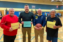 Former players of Paul Shaffner attended a ceremony to honour the former Middleton basketball coach May 11 during the annual alumni basketball tournament. From left are Rick Wear, Jeremy Schofield, Greg Bower and Al Simpson.  
Jason Malloy