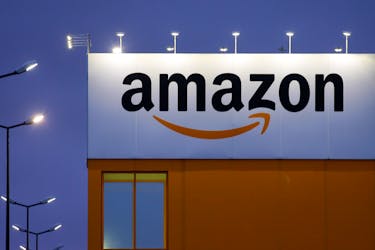 The logo of Amazon is seen at the company logistics center in Lauwin-Planque, northern France, February 20, 2017.