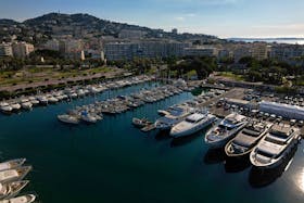 A drone view shows boats moored at the Port de la Croisette as preparations continue on the French Riviera ahead of the 77th Cannes Film Festival in Cannes, France, May 12, 2024.