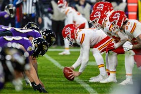 Jan 28, 2024; Baltimore, Maryland, USA; The Kansas City Chiefs offense lines up against the against the Baltimore Ravens defense during the third quarter in the AFC Championship football game at M&T Bank Stadium. Mandatory Credit: Geoff Burke-USA TODAY Sports