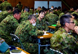 Japan Ground Self-Defence Force (JGSDF) soldiers participate in a seminar to prevent harassment at JGSDF Camp Asaka, in Tokyo, Japan April 16, 2024. 