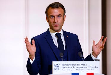 French President Emmanuel Macron gestures as he delivers a speech during a meeting with heads of Small and Medium Enterprises (PME), members of professional federations and local elected officials to launch of the new ETIncelles program to win the export battle, at the Elysee Palace in Paris, France, November 21, 2023.
