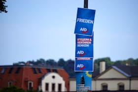 Election campaign posters of the right-wing Alternative for Germany (AfD) party for the upcoming 2024 European and municipal elections, are seen in Dresden, Germany, May 12, 2024.