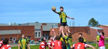 The Three Oaks Axemen’s Max Clark grabs the ball on a line-out during action against the Charlottetown Rural Raiders on May 10 during the 28th David Voye Memorial rugby tournament in Summerside. Three Oaks won the senior AAA boys’ championship banner. Jason Simmonds • The Guardian