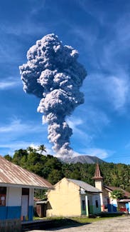 A column of ash rises over the Gunung Ibu (Mount Ibu) volcano, in Tabaru, North Maluku province, Indonesia May 13, 2024 in this screen grab obtained from social media video. Fhe Booroto/via REUTERS