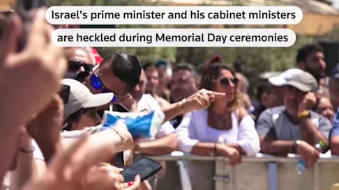 STORY: :: Israel's prime minister and his cabinet ministers are heckled during Memorial Day ceremonies :: May 13, 2024 :: Jerusalem :: Ashdod, Israel :: Tel Aviv, Israel A person called Netanyahu "garbage" as he ended his speech addressing bereaved families in Jerusalem. Separately, a woman shouted at a far-right member of Netanyahu's cabinet, National Security Minister Itamar Ben Gvir, as