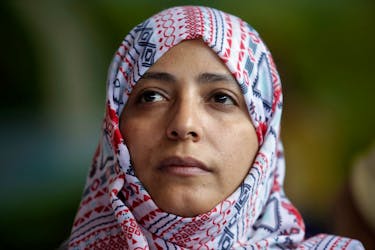 Nobel Peace Prize winner Tawakkol Karman of Yemen looks on during a news conference against mining in the town of Casillas, Guatemala, October 26, 2017.