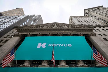 The company logo for Kenvue Inc. Johnson & Johnson's consumer-health business, is displayed on during the company's IPO at the New York Stock Exchange (NYSE) in New York City, U.S., May 4, 2023. 