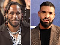Rapper Kendrick Lamar appears at the MTV Video Music Awards, on Aug. 27, 2017, in Inglewood, Calif., left, and Canadian rapper Drake appears at the premiere of the series "Euphoria," in Los Angeles on June 4, 2019. 