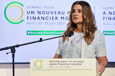 US philanthropist Melinda French Gates delivers a speech as he takes part in a round table to discuss global economy during the New Global Financial Pact Summit at the Palais Brongniart in Paris, France June 22, 2023. Ludovic Marin/Pool via