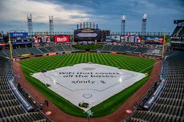 May 13, 2024; Chicago, Illinois, USA; Overview of the field as the Chicago White Sox and Washington Nationals game is postponed until tomorrow due to rain at Guaranteed Rate Field. Mandatory Credit: Patrick Gorski-USA TODAY Sports