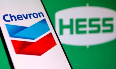 Chevron and Hess logos are seen in this illustration taken, October 23, 2023.