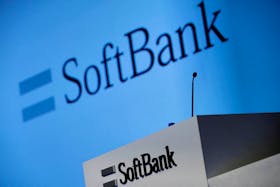 SoftBank's logo is pictured at a news conference in Tokyo, Japan, Feb. 4, 2021.
