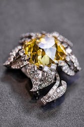 The Allnatt, a 101.29-carat yellow diamond, one of the largest and most important yellow diamonds ever discovered, mounted as a brooch by Cartier, is displayed ahead of auction, during a Sotheby's media preview in Geneva, Switzerland, May 13, 2024.