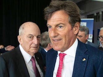 Stephen Bronfman, right, and his dad Charles Bronfman in 2019. 