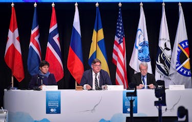 Finland's Foreign Minister Timo Soini speaks during the Arctic Council summit at the Lappi Areena in Rovaniemi, Finland May 7, 2019. Mandel Ngan/Pool via