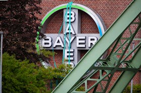 The logo of Bayer AG is pictured outside a plant of the German pharmaceutical and chemical maker in Wuppertal, Germany August 9, 2019.