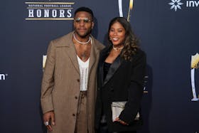 Feb 8, 2024; Las Vegas, NV, USA; Rodney McLeod and Erika McLeod on the red carpet before the NFL Honors show at Resorts World Theatre. Mandatory Credit: Kirby Lee-USA TODAY Sports/File Photo