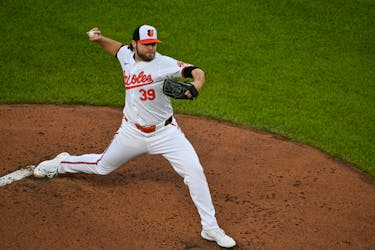 May 13, 2024; Baltimore, Maryland, USA; Baltimore Orioles pitcher Corbin Burnes (39) throws a second inning pitch against the Toronto Blue Jays at Oriole Park at Camden Yards. Mandatory Credit: Tommy Gilligan-USA TODAY Sports