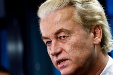 Dutch far-right politician and leader of the PVV party Geert Wilders reacts as he meets the press in The Hague, Netherlands, November 24, 2023.