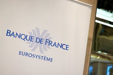 A logo is seen inside the Bank of France in Paris, France, October 22, 2021.