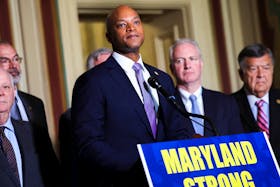 Maryland Governor Wes Moore speaks alongside members of the Maryland congressional delegation and U.S. Transportation Secretary Pete Buttigieg during a press conference regarding the recent collapse of Baltimore, Maryland's Francis Scott Key Bridge, on Capitol Hill in Washington, U.S., April 9, 2024.
