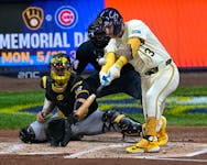 May 13, 2024; Milwaukee, Wisconsin, USA; Milwaukee Brewers third base Joey Ortiz (3) hits a double during the second inning of their game against the Pittsburgh Pirates at American Family Field. Mandatory Credit: Mark Hoffman-USA TODAY Sports