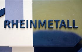 The logo of Rheinmetall is seen at a production line of German company Rheinmetall, which produces weapons and ammunition for tanks and artillery, during a media tour at the company’s plant in Unterluess, Germany, June 6, 2023.