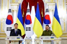 Ukraine's President Volodymyr Zelenskiy and South Korean President Yoon Suk Yeol attend a joint statement, amid Russia's attack on Ukraine, in Kyiv, Ukraine July 15, 2023.