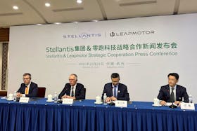 Stellantis Chief Executive Officer Carlos Tavares and Leapmotor Chief Executive Officer Zhu Jiangming attend a press conference in Hangzhou, Zhejiang province, China October 26, 2023.