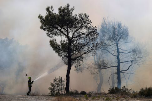 A Czech firefighter tries to extinguish a wildfire burning near the village of Provatonas in the region of Evros, Greece, September 3, 2023.