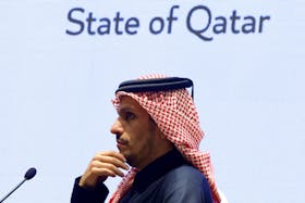 Qatar's Prime Minister and Foreign Minister Sheikh Mohammed bin Abdulrahman Al Thani looks on as he attends a press conference with U.S. Secretary of State Antony Blinken, during Blinken's week-long trip aimed at calming tensions across the Middle East, in Doha, Qatar, January 7, 2024.