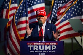 Republican presidential candidate and former U.S. President Donald Trump speaks during a campaign event in Freeland, Michigan, U.S. May 1, 2024. 