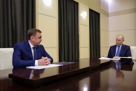 Russian President Vladimir Putin meets with Tula Region Governor Alexei Dyumin at the Novo-Ogaryovo state residence outside Moscow, Russia May 2, 2024. Sputnik/Gavriil Grigorov/Pool via