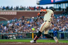 May 13, 2024; San Francisco, California, USA; San Francisco Giants outfielder Luis Matos (29) hits a three run home run against the Los Angeles Dodgers during the second inning at Oracle Park. Mandatory Credit: Neville E. Guard-USA TODAY Sports