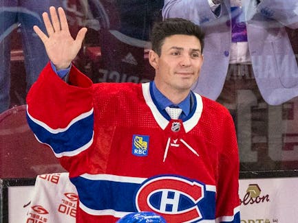 Montreal Canadiens Carey Price waves to the Bell Centre fans as he joins his team-mates following their last game of the season against the Boston Bruins  in Montreal Thursday April 13, 2023.
