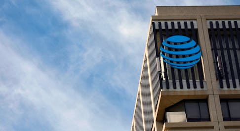 An AT&T logo is pictured in Pasadena, California, U.S., January 24, 2018.
