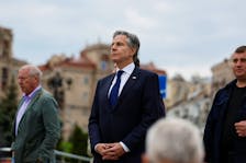 U.S. Secretary of State Antony Blinken stands in Independence Square, amid Russia's attack on Ukraine, during his visit, in central Kyiv, Ukraine May 14, 2024.