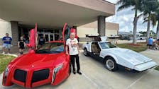 Malcolm Bricklin, in Florida where he lives, stands between his new vehicle, the 3EV, left, and the original Bricklin SV-1. - CONTRIBUTED