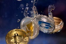 Representations of cryptocurrency Bitcoin, Ethereum and Dash plunge into water in this illustration taken, May 23, 2022.