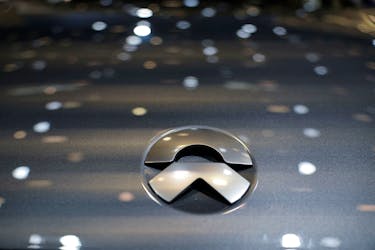 A logo of Nio is pictured on its car at the Beijing International Automotive Exhibition, or Auto China 2024, in Beijing, China, April 25, 2024.