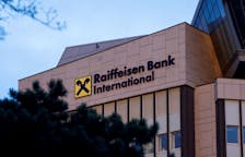 The logo of Raiffeisen Bank International (RBI) is seen on their headquarters in Vienna, Austria, March 14, 2023.